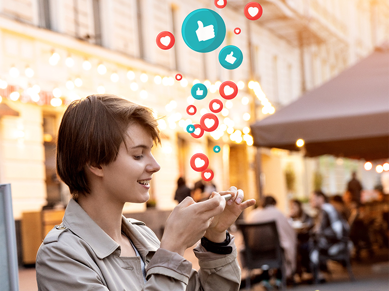 Happy mllennial girl blogger taking food picture on phone in cafe get likes.